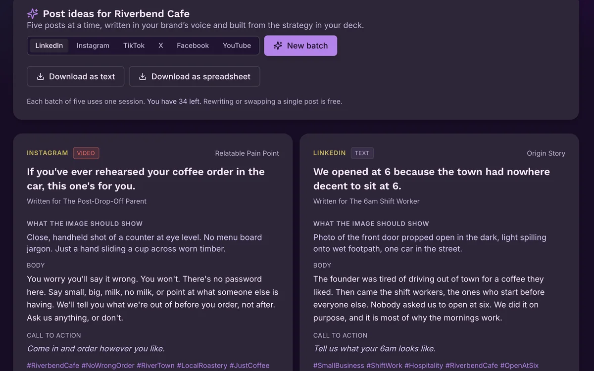 The Posts tab, headed Post ideas for Riverbend Cafe, with two generated cards side by side. Each names its platform and framework, then gives a hook, what the image should show, the body copy, a call to action and hashtags.